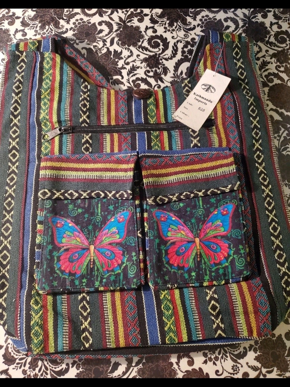 Kathmandu Imports Butterfly Tote Bag Boho Tribal Woven Cotton Nepal Handmade